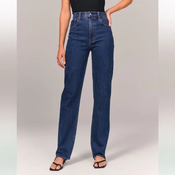 Abercrombie & Fitch Curve Love Ultra High Rise 90’s Straight Jeans Dark Denim - Picture 1 of 5